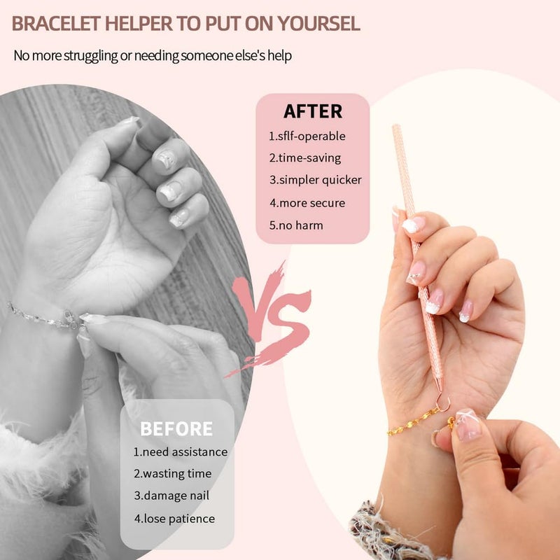 PEOUWNES 2 Pcs Bracelet Helper Tool Hook, Bracelet Helper to Put on Yourself, Wearing Tool Aid Assistance for Necklace Watch Clasps Zippers Crafts Adjustment(Silver and Rose Gold) - Image 2