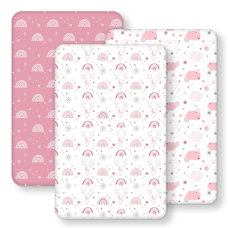 FIEMOL Baby Bedside Bassinet Sheets Fitted Girl, 33â€x20â€ Compatible with Baby Delight Dream On Me & Most Rectangle Bedside Sleeper Bassinet Mattresses, Super Soft Microfiber Pink Rainbow - Image 1