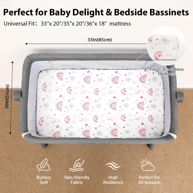 FIEMOL Baby Bedside Bassinet Sheets Fitted Girl, 33â€x20â€ Compatible with Baby Delight Dream On Me & Most Rectangle Bedside Sleeper Bassinet Mattresses, Super Soft Microfiber Pink Rainbow - Image 3