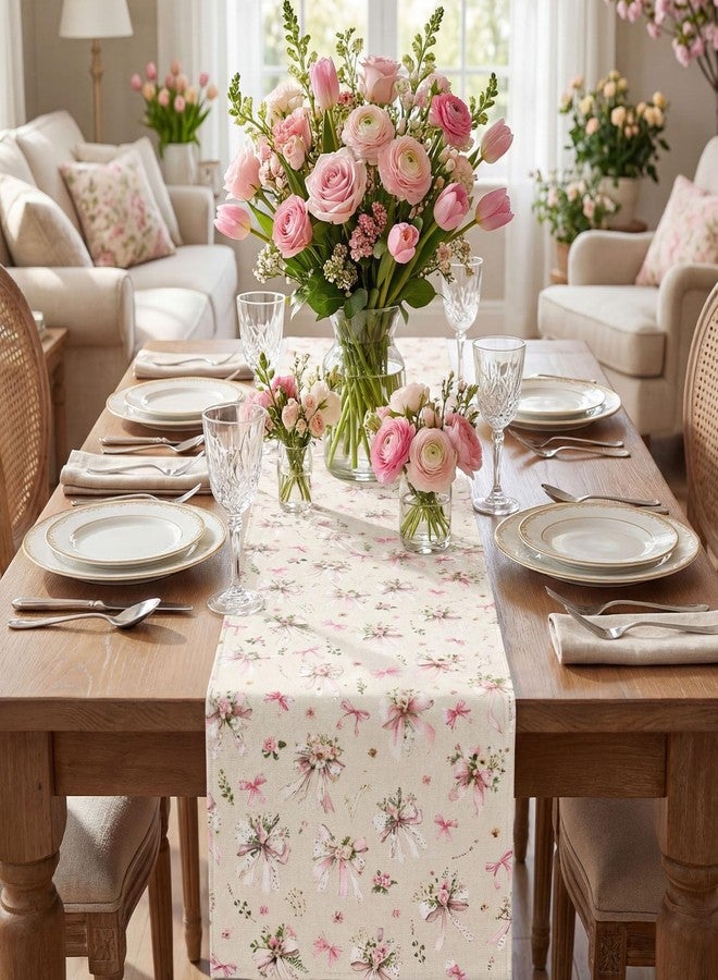 Mindsoft 13" x 72" Inch Pink Bow Floral Table Runner Pink Bow Flower Table Decor Flower Cloth Runner Coquette Dining Decoration for Wedding Birthday Party Holiday Valentine Home Bridal Decor - Image 3