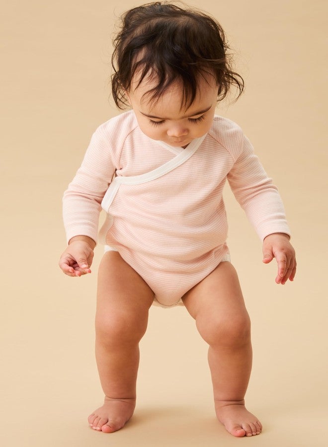 MORI Baby Long Sleeve Kimono Bodysuit in Blush Stripe for Boys and Girls - Wrap Romper with Nickel Free Poppers - Newborn - Image 4