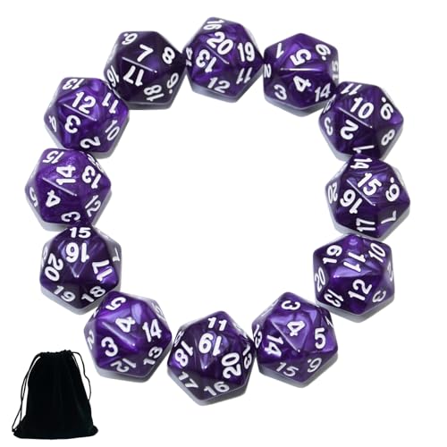 SmartDealsPro 12Pack 20 Sided Dice D20 Pearl Large Polyhedral Spin Down Dice Die with Pouch for DND RPG MTG Table Game Pearl Purple - Image 1