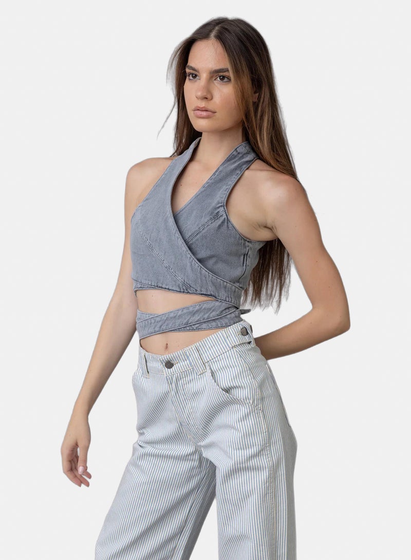 Stache Wrap Denim Crop Top - Image 1