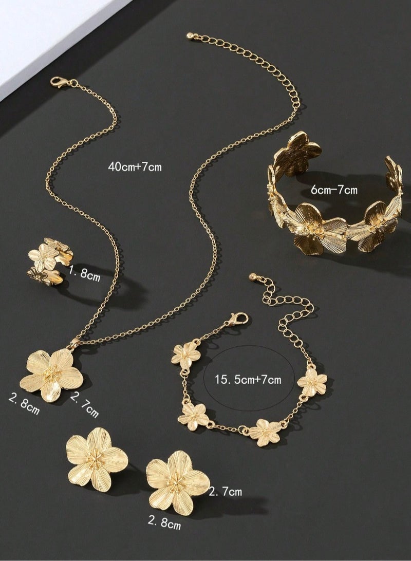 KHAJUL 5PCS Gold-Tone Flower Jewelry Set, Embossed Clover Design, Includes Earrings, Necklace, Bracelet, Bangle and Ring for Women (Gold) - Image 2
