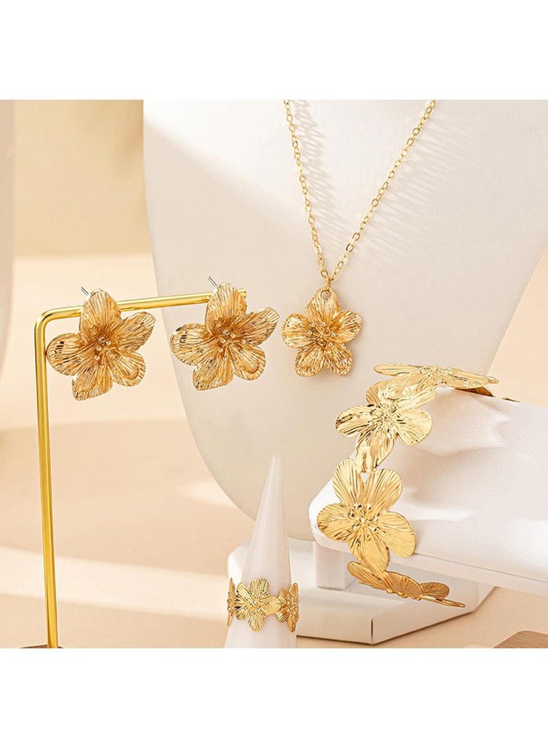 KHAJUL 5PCS Gold-Tone Flower Jewelry Set, Embossed Clover Design, Includes Earrings, Necklace, Bracelet, Bangle and Ring for Women (Gold) - Image 3