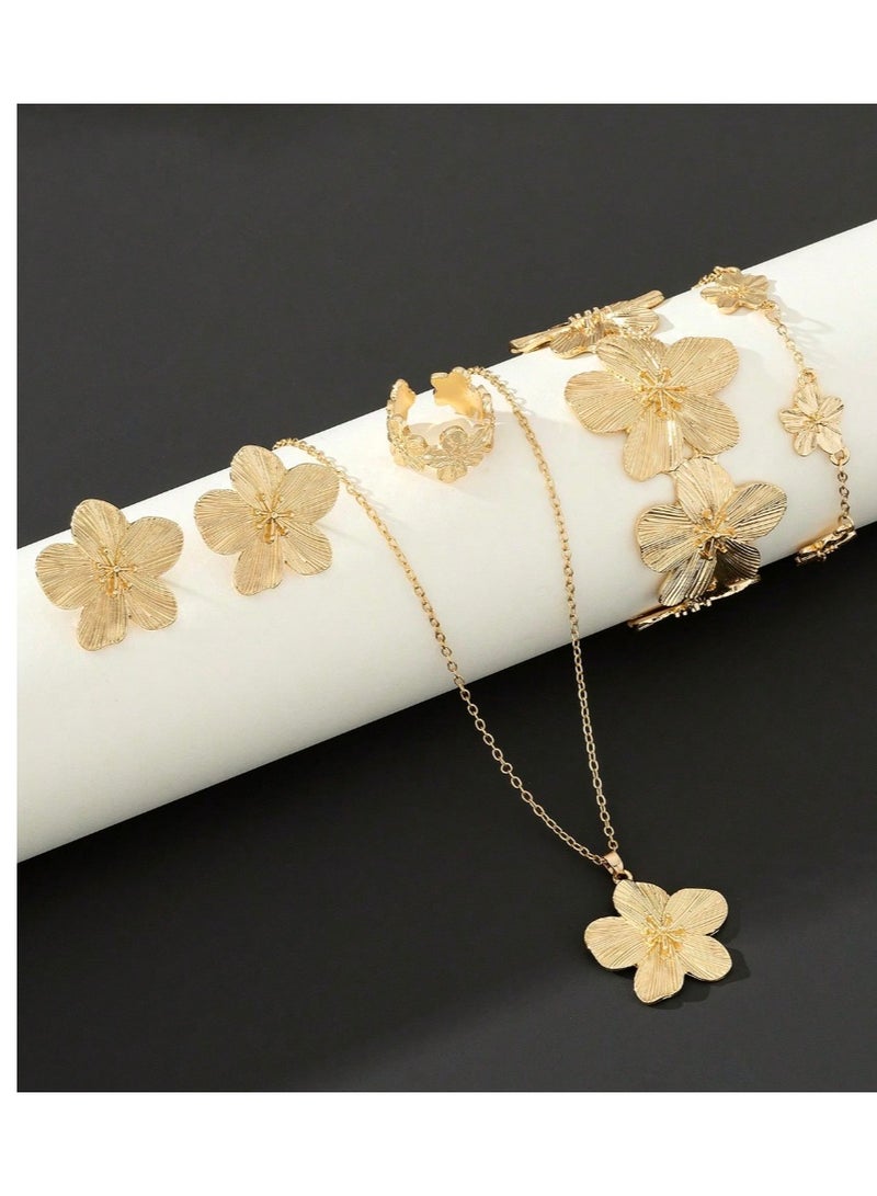 KHAJUL 5PCS Gold-Tone Flower Jewelry Set, Embossed Clover Design, Includes Earrings, Necklace, Bracelet, Bangle and Ring for Women (Gold) - Image 4