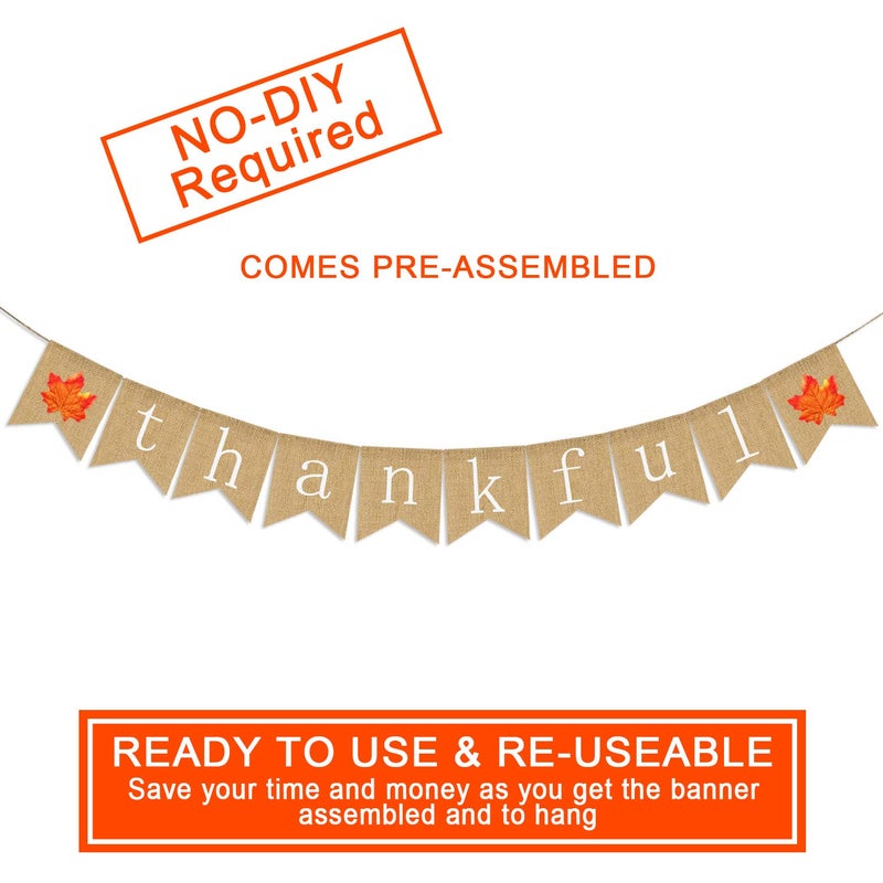 Partyprops Thankful Burlap Banner | Thankful Burlap Wall Banner| Thanksgiving Banner | Rustic Thanksgiving Decoration | Fall Banner| Thanksgiving Decor - Image 2