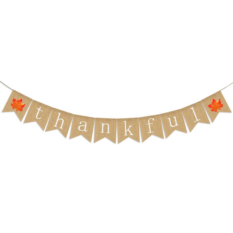 Partyprops Thankful Burlap Banner | Thankful Burlap Wall Banner| Thanksgiving Banner | Rustic Thanksgiving Decoration | Fall Banner| Thanksgiving Decor - Image 1