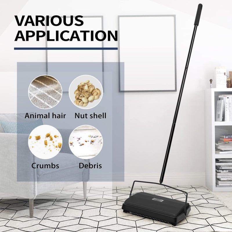 JEHONN Carpet Floor Sweeper Manual with Horsehair, Non Electric Quite Rug Roller Brush Push for Cleaning Pet Hair, Loose Debris, Lint (Black) - Image 4