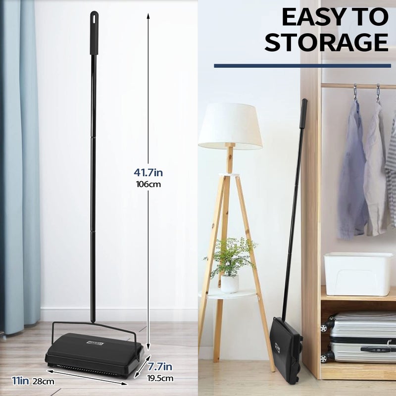 JEHONN Carpet Floor Sweeper Manual with Horsehair, Non Electric Quite Rug Roller Brush Push for Cleaning Pet Hair, Loose Debris, Lint (Black) - Image 5