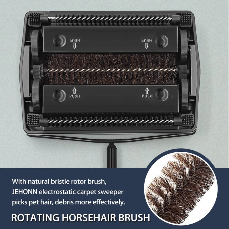 JEHONN Carpet Floor Sweeper Manual with Horsehair, Non Electric Quite Rug Roller Brush Push for Cleaning Pet Hair, Loose Debris, Lint (Black) - Image 2