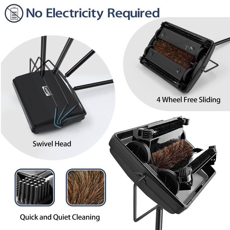 JEHONN Carpet Floor Sweeper Manual with Horsehair, Non Electric Quite Rug Roller Brush Push for Cleaning Pet Hair, Loose Debris, Lint (Black) - Image 3