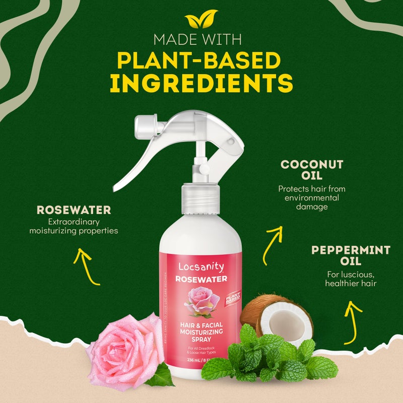 Locsanity Pure Rosewater Hair and Facial Spray â€“ Regular Size Hydrating Face Mist to Soothe, Refresh, and Rejuvenate Skin, Reduce Oil and Buildup (8oz) - Image 3