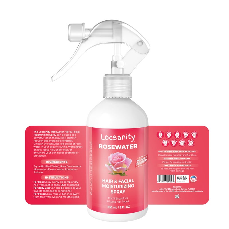 Locsanity Pure Rosewater Hair and Facial Spray â€“ Regular Size Hydrating Face Mist to Soothe, Refresh, and Rejuvenate Skin, Reduce Oil and Buildup (8oz) - Image 2