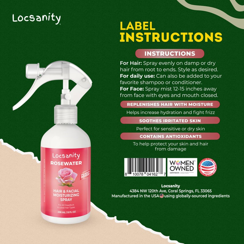Locsanity Pure Rosewater Hair and Facial Spray â€“ Regular Size Hydrating Face Mist to Soothe, Refresh, and Rejuvenate Skin, Reduce Oil and Buildup (8oz) - Image 4