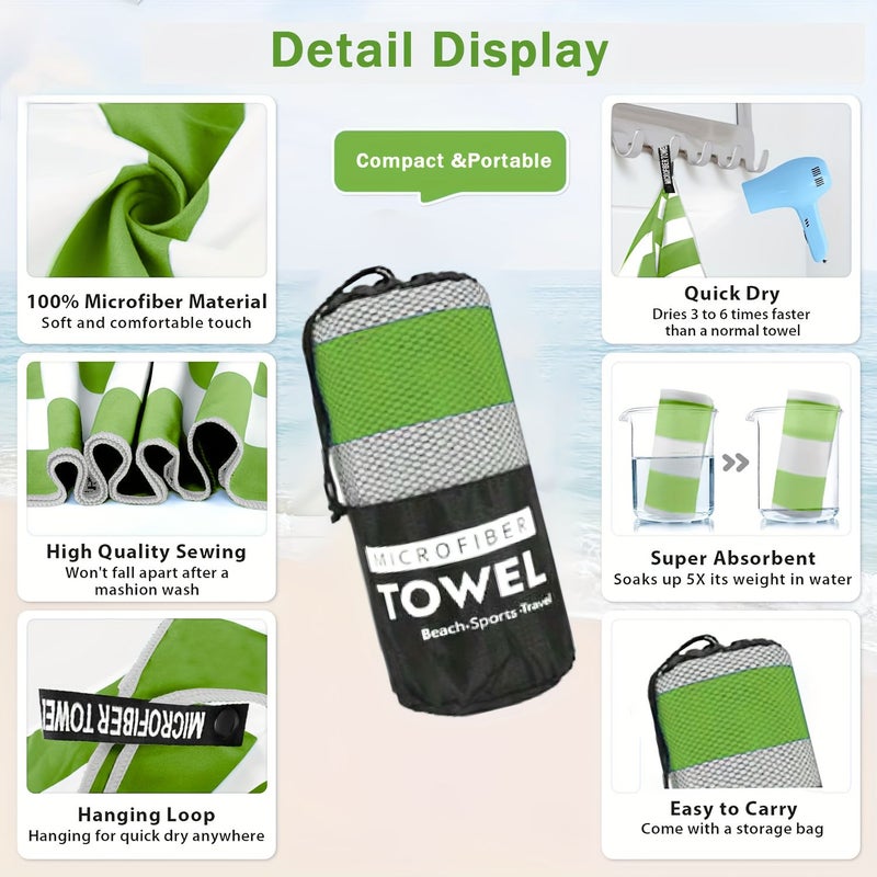 1pc Green Striped Beach Towel Quick Drying Outdoor Sports Soft Comfortable Swimming Pool Towel Lightweight Thin High Water Absorption Breathable Mesh Bag Storage Suitable for Beach Swimming Fitness Camping - Image 4