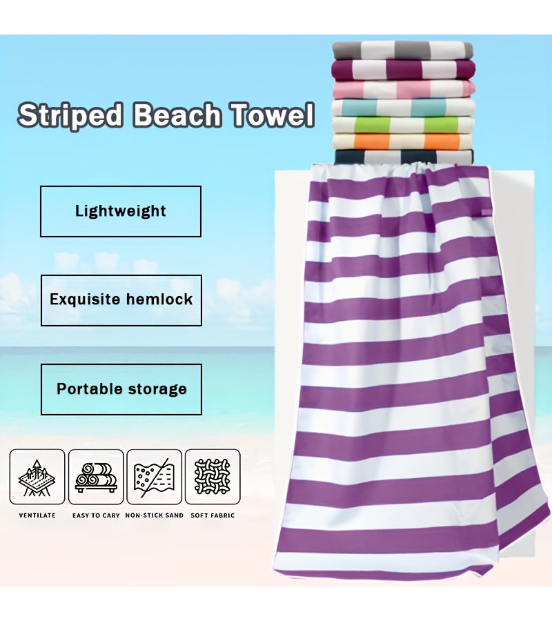 1pc Green Striped Beach Towel Quick Drying Outdoor Sports Soft Comfortable Swimming Pool Towel Lightweight Thin High Water Absorption Breathable Mesh Bag Storage Suitable for Beach Swimming Fitness Camping - Image 1