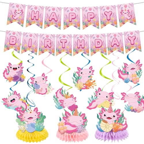 Refavor Axolotl Birthday Party Decorations 15PCS Axolotl Theme Birthday Banners Hanging Swirl Honeycomb Centerpieces Cute Salamander Party Decor Kids Girls - Image 1