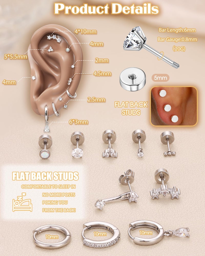 MILACOLATO Hypoallergenic Flat Back Earrings Silver Cartilage Earring Sets for Multiple Piercing 20G Surgical Stainless Steel Earrings for Women Trendy Earring Stacks Small Hoop Flatback Stud Earrings S - Image 2