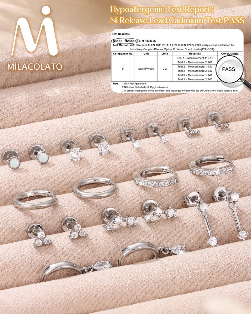 MILACOLATO Hypoallergenic Flat Back Earrings Silver Cartilage Earring Sets for Multiple Piercing 20G Surgical Stainless Steel Earrings for Women Trendy Earring Stacks Small Hoop Flatback Stud Earrings S - Image 5