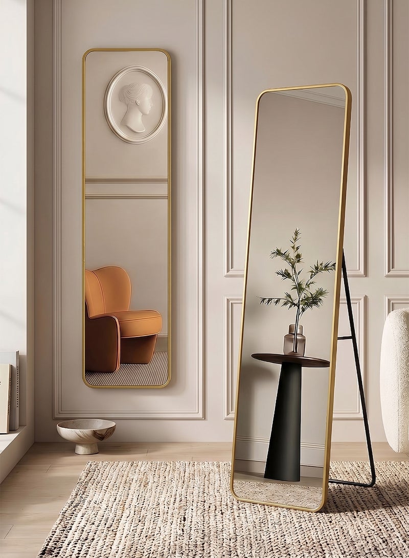 Taimi Rectangular Mirror 120x30cm with Rounded Edges, Full Length Mirror with Stand and Metal Frame, Floor Mirror, Wall Mirror Hanging or Tilt for Living Room, Bedroom, Entryway Gold - Image 1