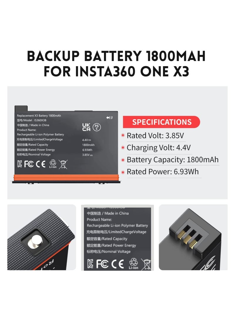 2-Pack Replacement Batteries for Insta 360 X3 (1800mAh) with 3-Channel Fast Charging Hub - High Capacity Electric Core, Fully Compatible with Original Insta 360 X3 Accessories. - Image 5