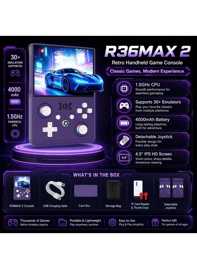 جهاز ألعاب R36MAX 2 المحمول بتصميم كلاسيكي، شاشة IPS عالية الدقة 4.5 بوصة | مشغل ألعاب فيديو كلاسيكي محمول يدعم محاكيات متعددة، معالج عالي السرعة 1.5 جيجاهرتز، بطارية قابلة للشحن 4000 مللي أمبير، جهاز ألعاب أركيد كلاسيكي للأطفال والكبار - بنفسجي - Image 4
