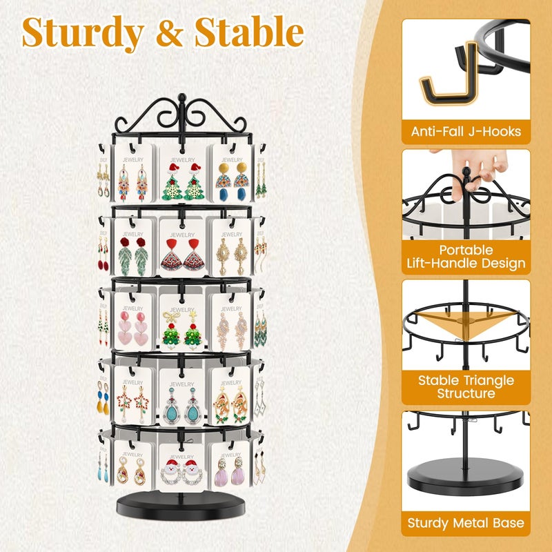 EsLuker.ly Earring Holder Organizer Rotating Display Tree Stand, Adjustable Height Earring Card Hanger Rack with 50 Hooks for Vendors Market Selling, 5 Tier Metal Jewelry Storage Tower, Black - Image 3