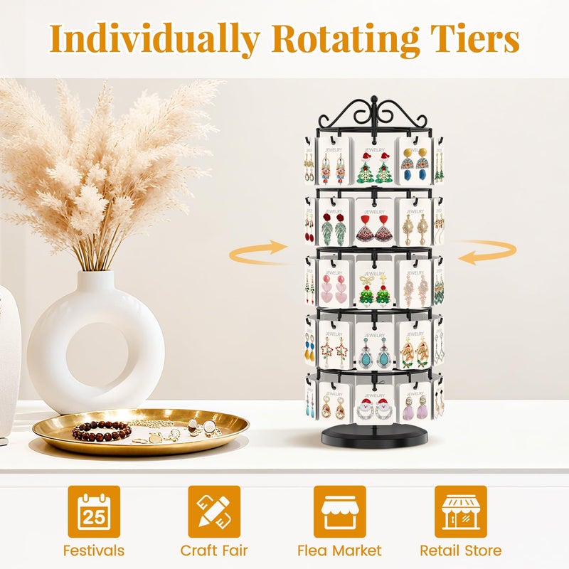 EsLuker.ly Earring Holder Organizer Rotating Display Tree Stand, Adjustable Height Earring Card Hanger Rack with 50 Hooks for Vendors Market Selling, 5 Tier Metal Jewelry Storage Tower, Black - Image 5