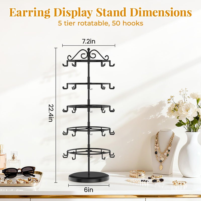 EsLuker.ly Earring Holder Organizer Rotating Display Tree Stand, Adjustable Height Earring Card Hanger Rack with 50 Hooks for Vendors Market Selling, 5 Tier Metal Jewelry Storage Tower, Black - Image 4
