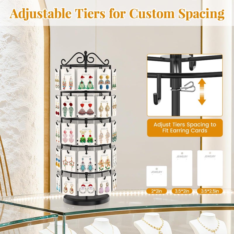 EsLuker.ly Earring Holder Organizer Rotating Display Tree Stand, Adjustable Height Earring Card Hanger Rack with 50 Hooks for Vendors Market Selling, 5 Tier Metal Jewelry Storage Tower, Black - Image 2