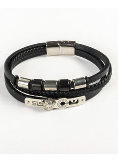 Multi Layers Black Leather & Silver Medousa Stainless Steel Bracelet For Him