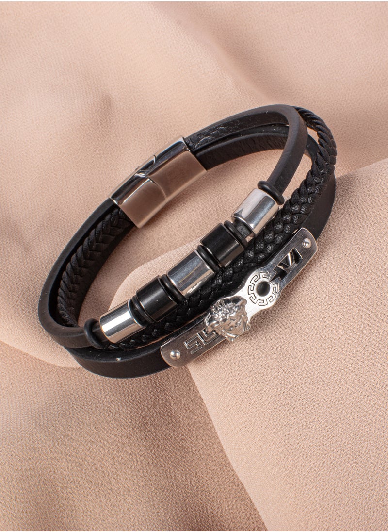 The Black Pearl Accessories - Multi Layers Black Leather & Silver Medousa Stainless Steel Bracelet For Him - Image 1