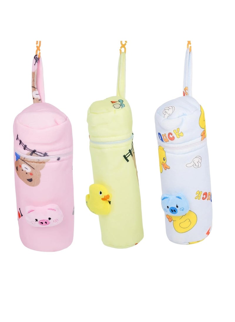The Little Lookers THE LITTLE LOOKERS Soft Plush Stretchable Baby Feeding Bottle Cover with Easy to Hold Strap | Cute Animated Overall Print Pack of 3 (Multicolor, Zip Closure 240ml)  - Image 1