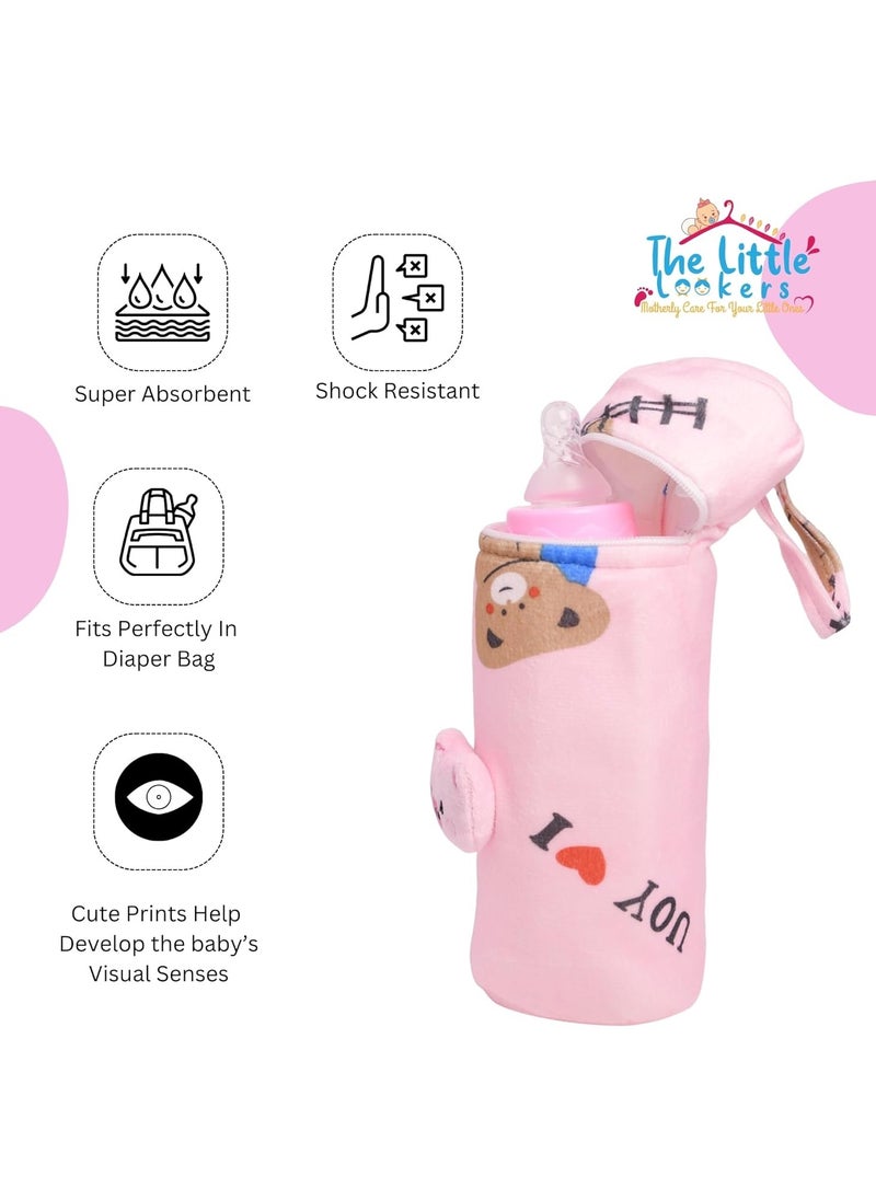 The Little Lookers THE LITTLE LOOKERS Soft Plush Stretchable Baby Feeding Bottle Cover with Easy to Hold Strap | Cute Animated Overall Print Pack of 3 (Multicolor, Zip Closure 240ml)  - Image 3