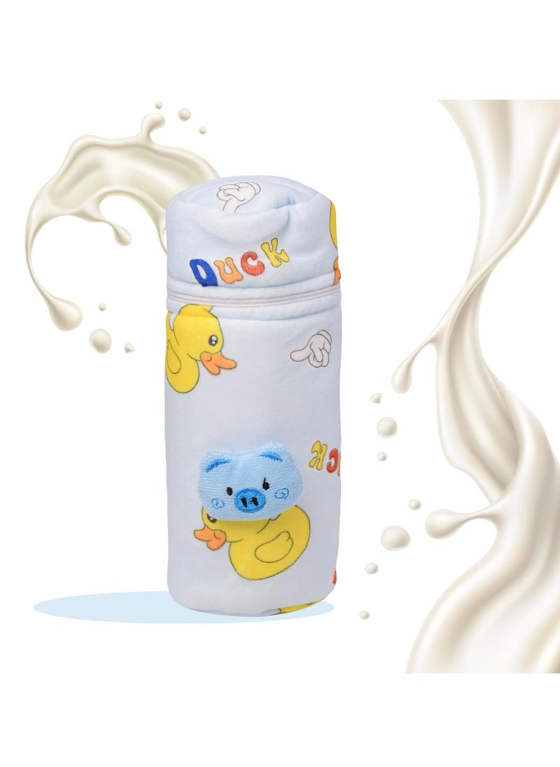 The Little Lookers - THE LITTLE LOOKERS Soft Plush Stretchable Baby Feeding Bottle Cover with Easy to Hold Strap | Cute Animated Overall Print Pack of 3 (Multicolor, Zip Closure 240ml) - Image 1