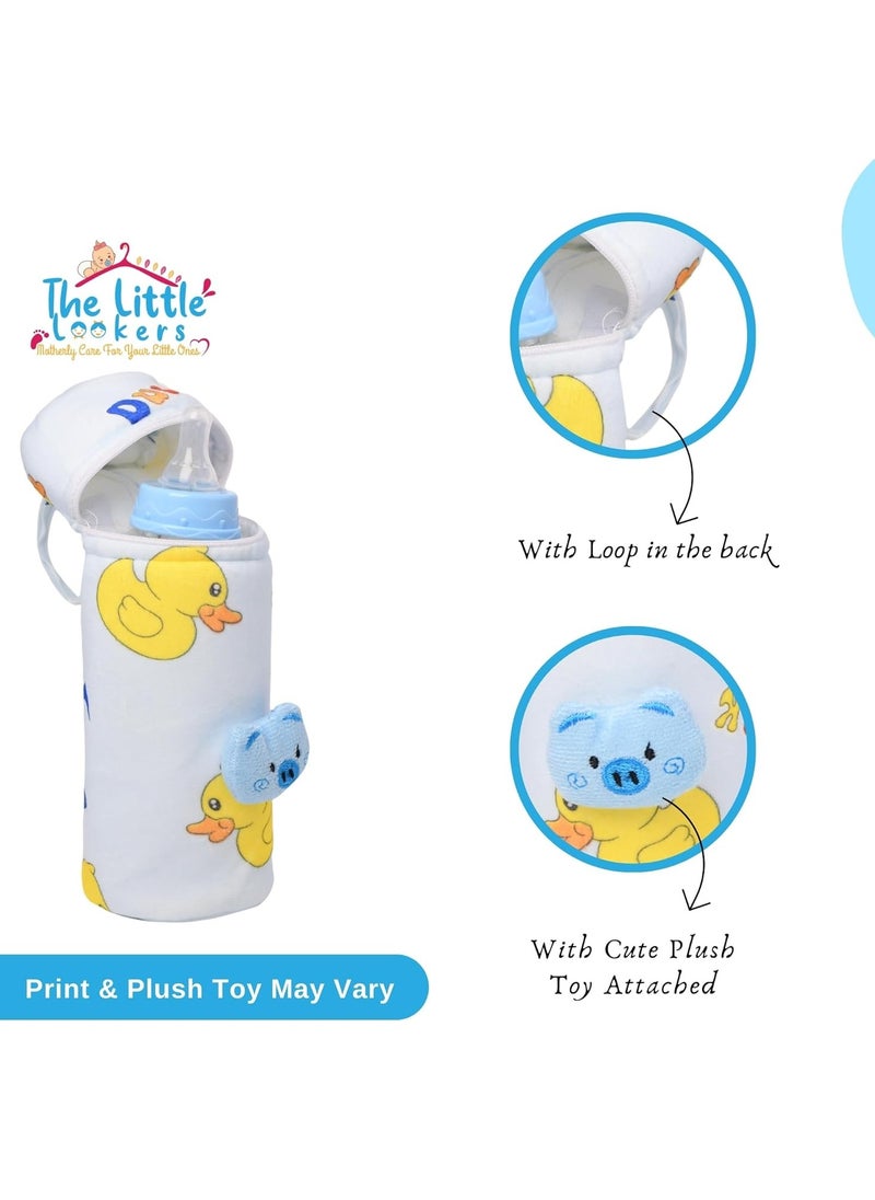 The Little Lookers - THE LITTLE LOOKERS Soft Plush Stretchable Baby Feeding Bottle Cover with Easy to Hold Strap | Cute Animated Overall Print Pack of 3 (Multicolor, Zip Closure 240ml) - Image 1