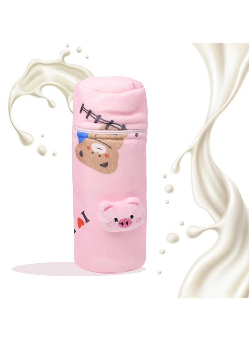 The Little Lookers - THE LITTLE LOOKERS Soft Plush Stretchable Baby Feeding Bottle Cover with Easy to Hold Strap | Cute Animated Overall Print Pack of 3 (Multicolor, Zip Closure 240ml) - Image 1
