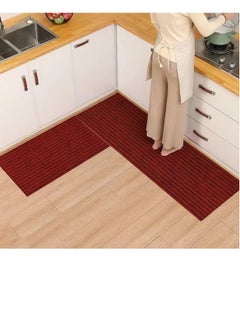 Kutis 2-Piece Set Kitchen Mat Non-Slip Rugs Set Line Design Quickly Absorbs Water Red 120 x 40 and 60 x 40 Centimeter  - Image 1