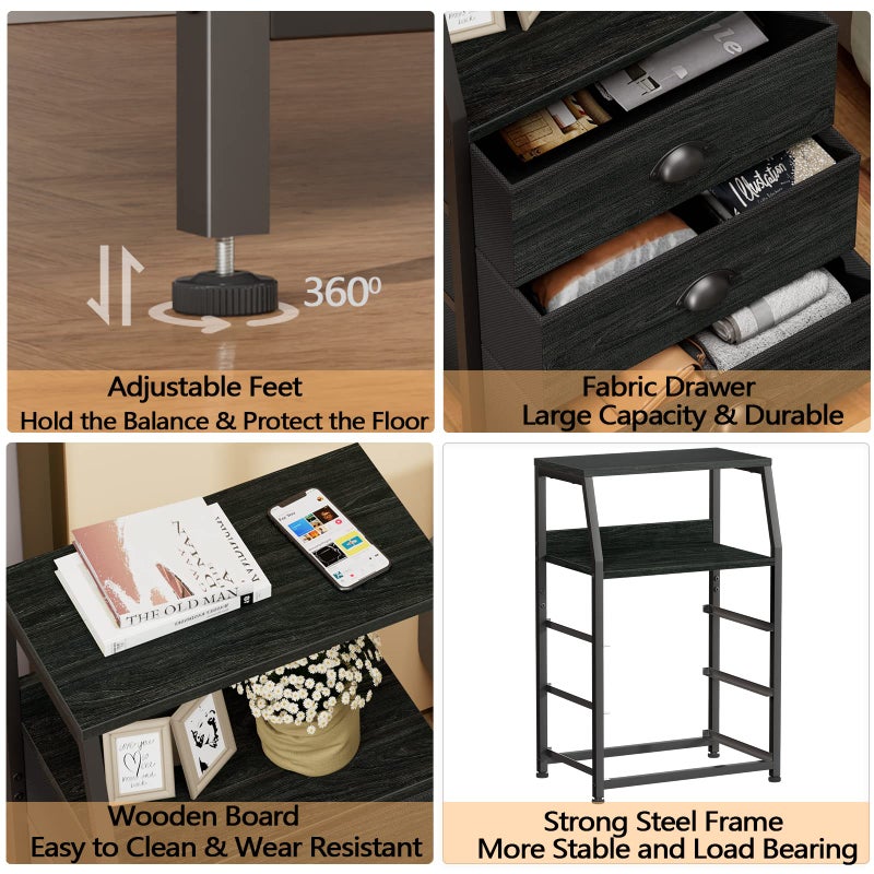 Furnulem Black Night Stand, Small Dresser for Bedroom, Nightstand with 3 Fabric Storage Drawers and 2-Tier Shelf, End Table Side Furniture for Closet, Hallway, Nursery, Sturdy Steel Frame, Wood Top - Image 5