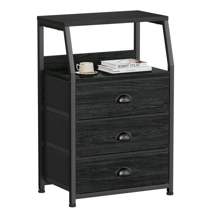 Furnulem Black Night Stand, Small Dresser for Bedroom, Nightstand with 3 Fabric Storage Drawers and 2-Tier Shelf, End Table Side Furniture for Closet, Hallway, Nursery, Sturdy Steel Frame, Wood Top - Image 1