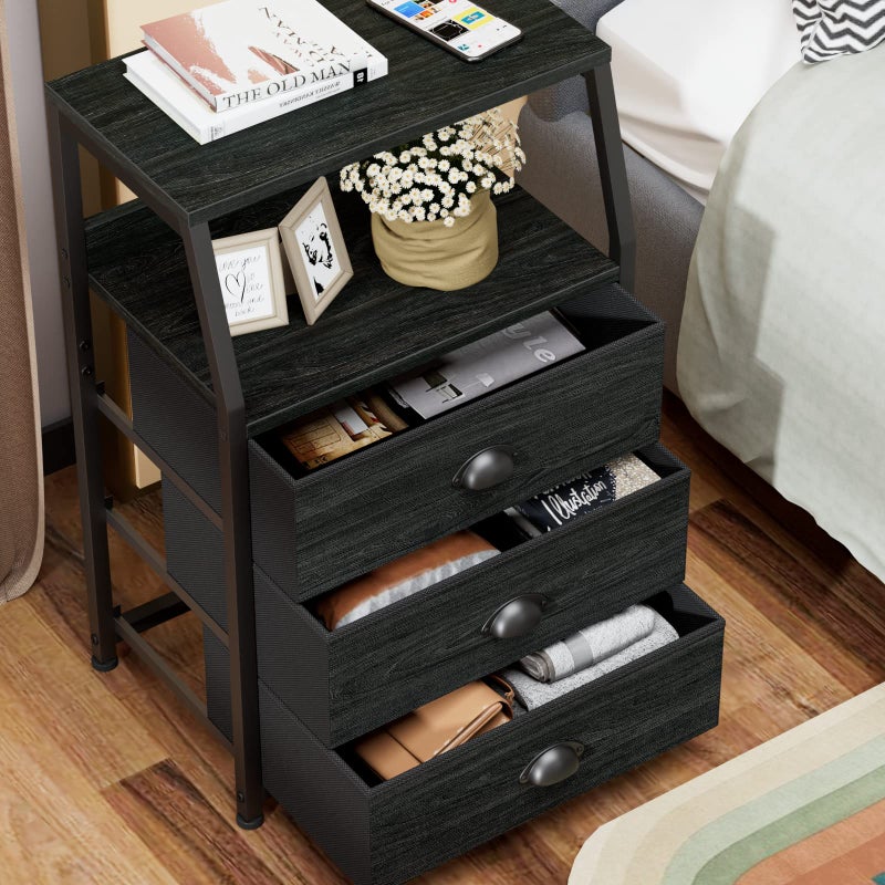 Furnulem Black Night Stand, Small Dresser for Bedroom, Nightstand with 3 Fabric Storage Drawers and 2-Tier Shelf, End Table Side Furniture for Closet, Hallway, Nursery, Sturdy Steel Frame, Wood Top - Image 3