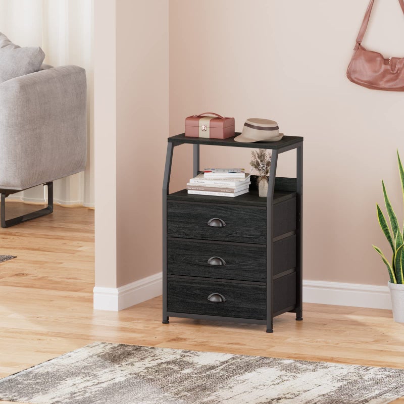 Furnulem Black Night Stand, Small Dresser for Bedroom, Nightstand with 3 Fabric Storage Drawers and 2-Tier Shelf, End Table Side Furniture for Closet, Hallway, Nursery, Sturdy Steel Frame, Wood Top - Image 4