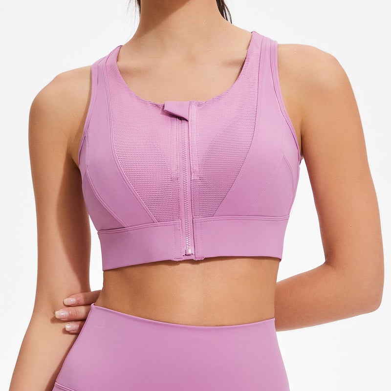 Sports Bra Velvet Pink High Strength Shockproof Push-up Sports Underwear Women's Outdoor Running Fitness Bra Front Zipper Full Wrap Yoga Vest