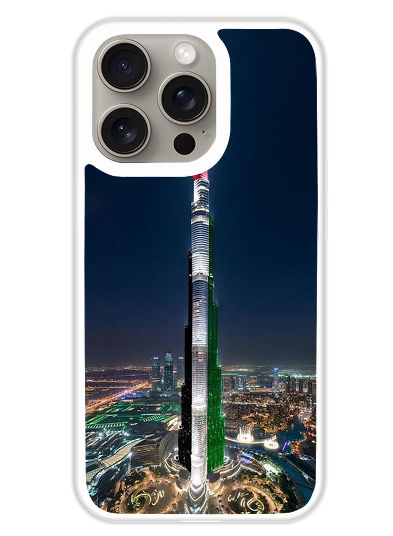 Theodor Protective Case Cover For APPLE IPHONE 15 Pro Burj Khalifa UAE Flag (White Bumper) - Image 1