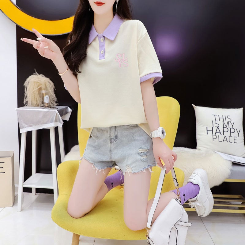 Short-Sleeved T-Shirt Summer Printed Korean Style Trendy Lapel Top Large Size 150Kg - Image 4