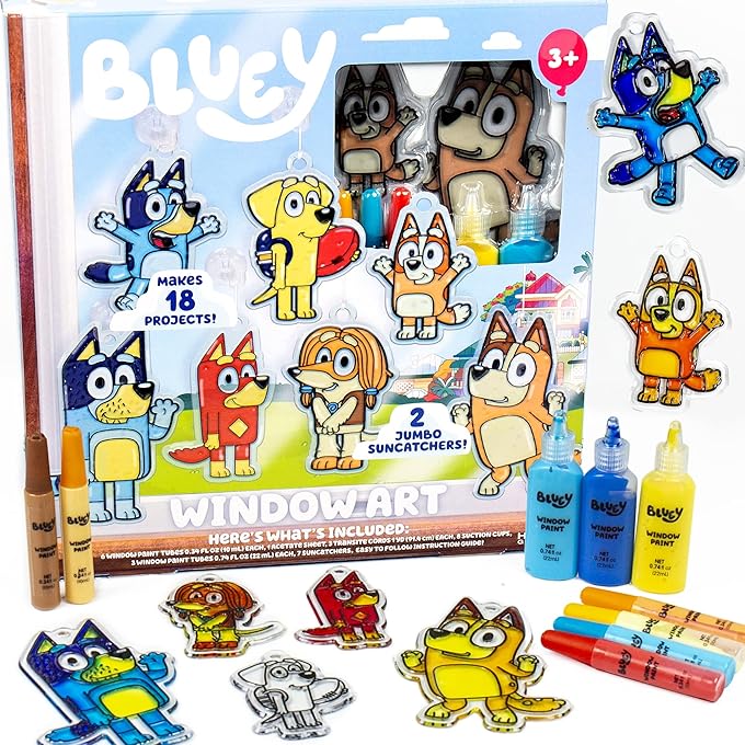 BLUEY Window Art Suncatchers Kit for Kids to Paint, Great at-Home Craft Activity or Birthday Party Idea, Toys for Ages 3, 4, 5, 6