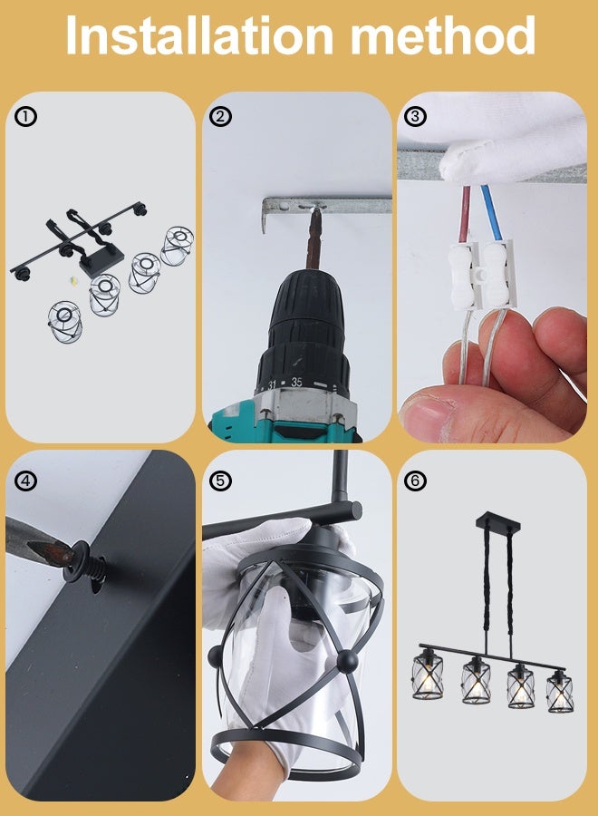 YATAI LIGHTING 4-Light Linear Chandelier Pendant Light, Black Industrial Modern Farmhouse Ceiling Lamp, E27 Warm 3000K Lighting for Dining Table, Kitchen Island - Image 4