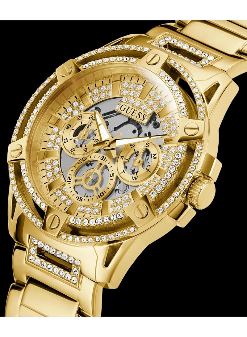Guess King GW0497G2 Men’s Gold Tone Multi-Function Watch – 48 mm Skeleton Dial with Crystals, Gold Stainless Steel Bracelet, Pilot Buckle, 5 ATM Water-Resistant - Image 3