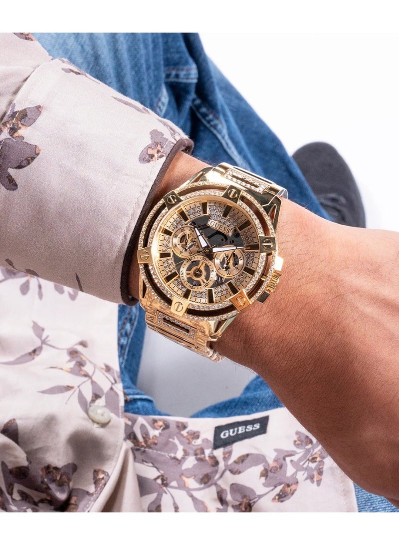 Guess King GW0497G2 Men’s Gold Tone Multi-Function Watch – 48 mm Skeleton Dial with Crystals, Gold Stainless Steel Bracelet, Pilot Buckle, 5 ATM Water-Resistant - Image 5